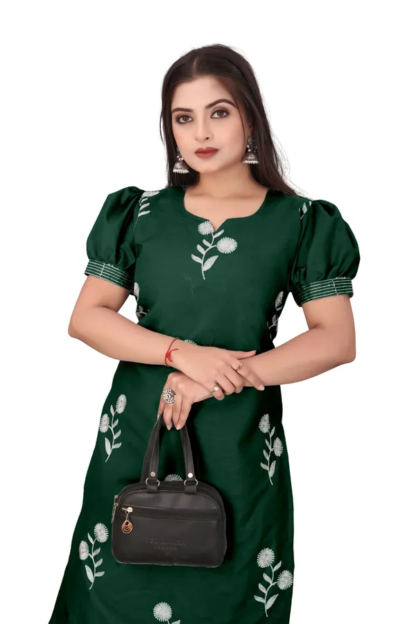 Green_Cotton_Puff_Sleeve_Floral_Embroidered_Kurta_For_Women