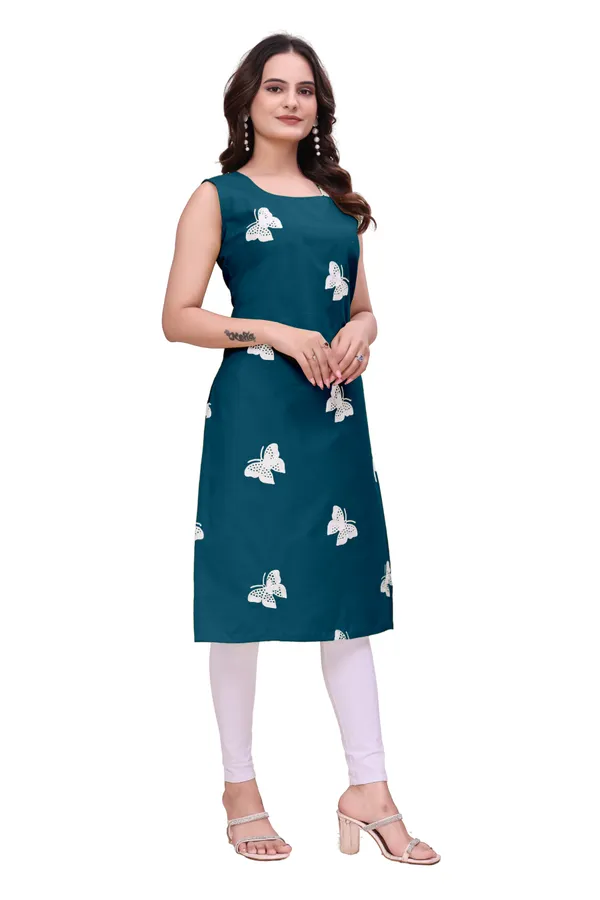 Teal_Cotton_Sleeveless_Butterfly_Embroidered_Kurti_For_Women