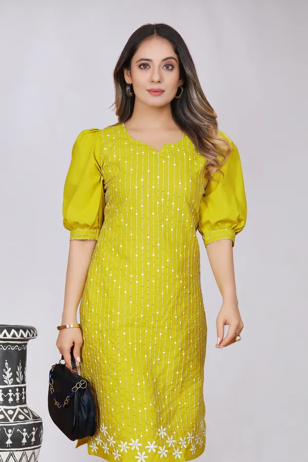 Yellow_Cotton_Puff_Sleeve_Floral_Embroidered_Kurti_For_Women