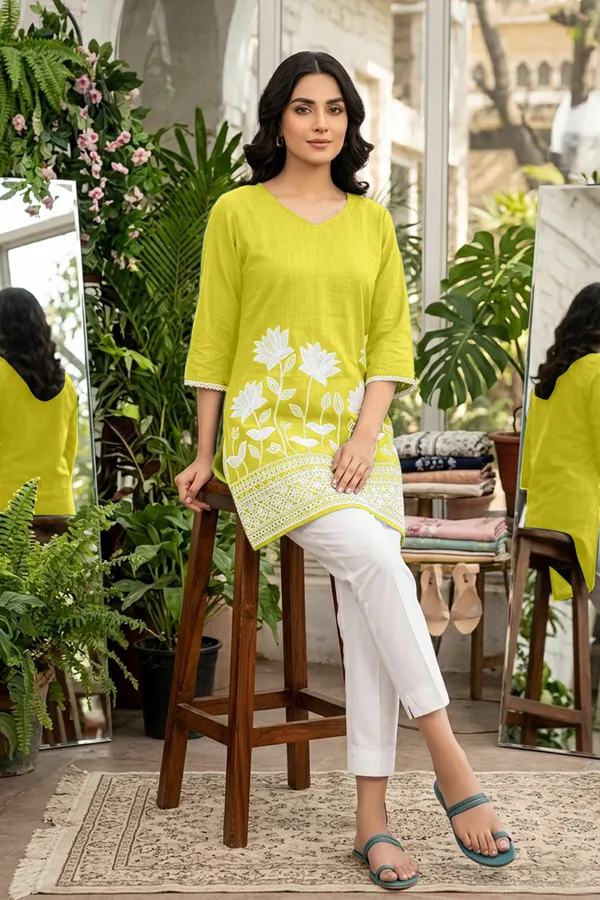 Yellow_Cotton_Straight_Fit_Floral_Embroidered_V-Neck_Kurti_For_Women