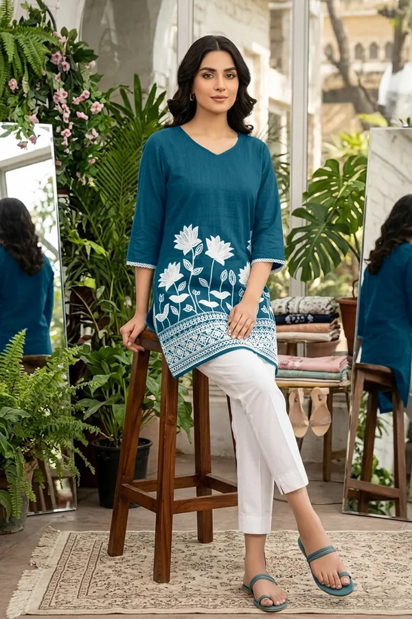 Teal_Blue_Cotton_Straight_Fit_Floral_Embroidered_Kurti_For_Women