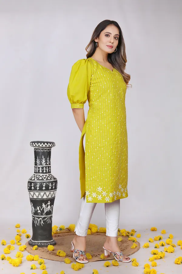 Yellow_Cotton_Puff_Sleeve_Floral_Embroidered_Kurti_For_Women