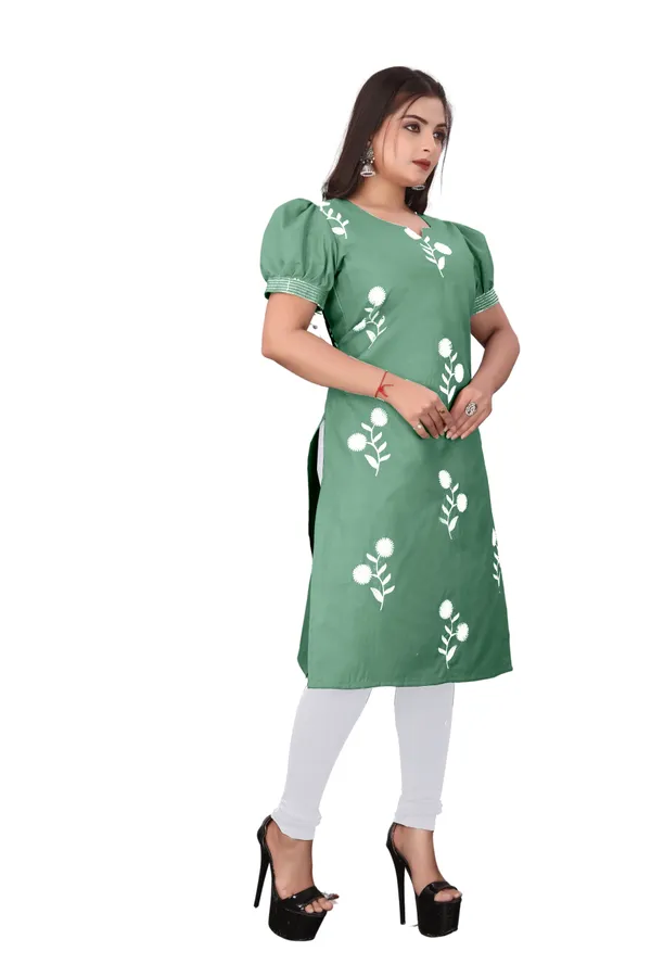 Green_Cotton_Puff_Sleeve_Floral_Embroidered_Kurta_For_Women