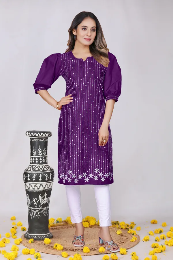 Purple_Georgette_Puff_Sleeve_Floral_Embroidered_Kurta_For_Women