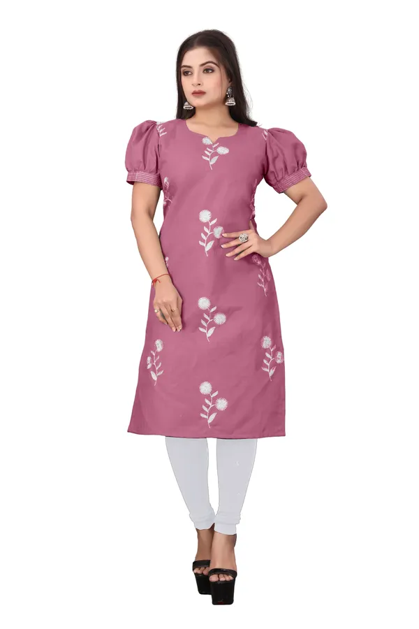 Pink_Cotton_Puff_Sleeve_Floral_Embroidered_Kurti_For_Women