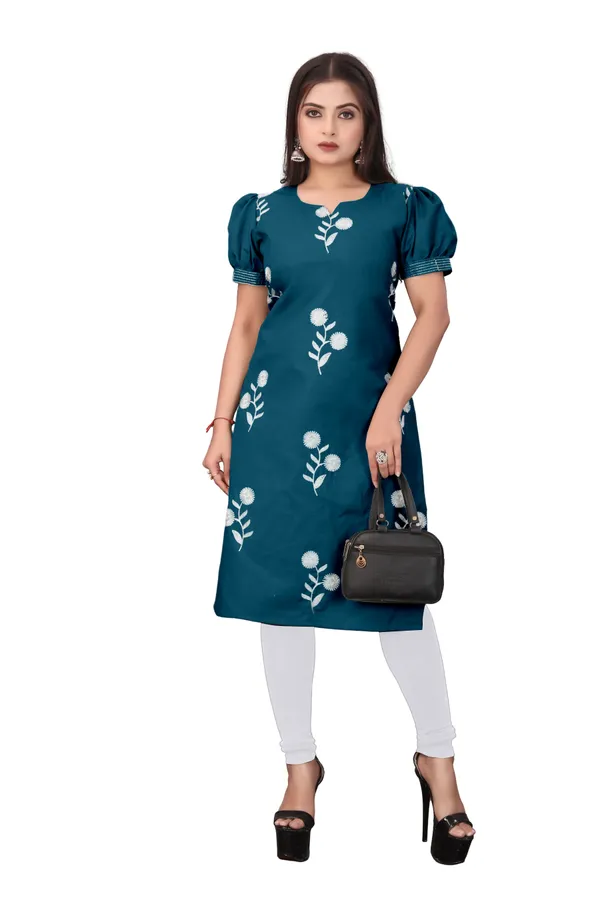 Teal_Cotton_Puff_Sleeve_Floral_Embroidered_Kurti_For_Women