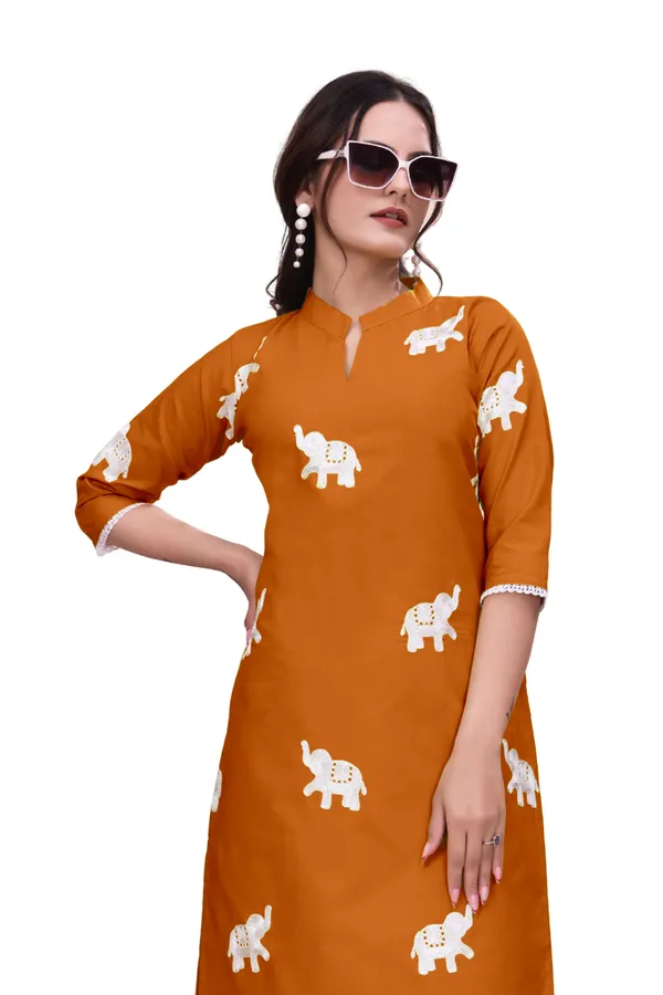 Orange_Cotton_Straight_Elephant_Print_Kurta_For_Women