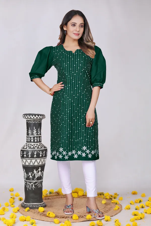 Dark_Green_Cotton_Straight_Striped_Embroidered_Kurti_For_Women