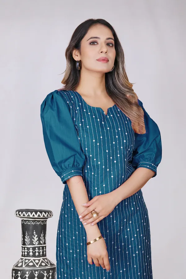 Teal_Blue_Cotton_Striped_Embroidered_Puff_Sleeve_Kurta_For_Women