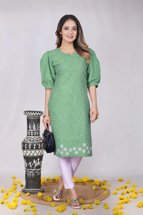 Green_Cotton_Puff_Sleeve_Embroidered_Kurta_For_Women