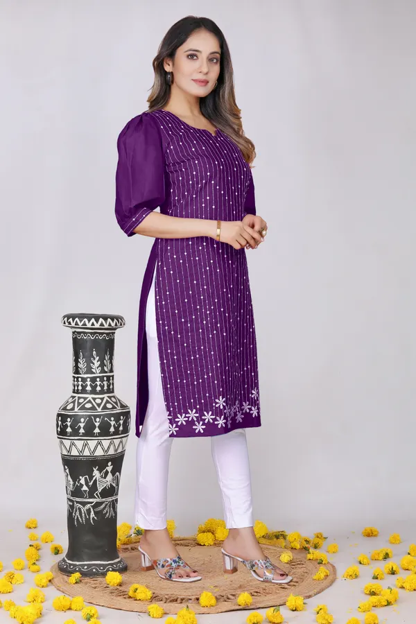 Purple_Georgette_Puff_Sleeve_Floral_Embroidered_Kurta_For_Women