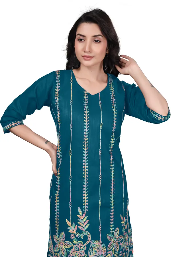Teal_Blue_Cotton_Straight_Embroidered_Kurta_For_Women