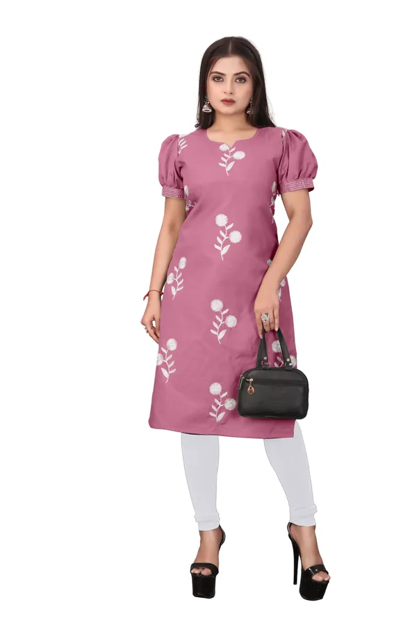 Pink_Cotton_Puff_Sleeve_Floral_Embroidered_Kurti_For_Women