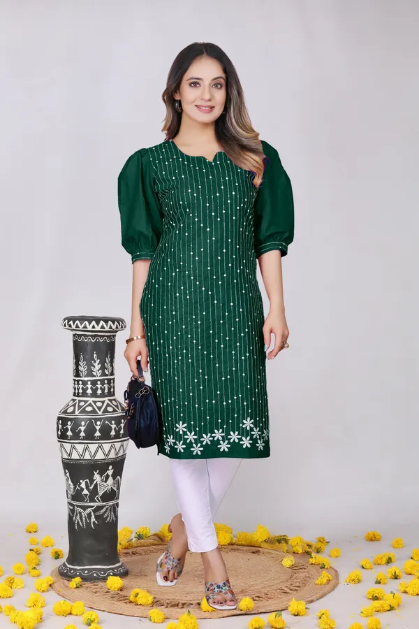 Dark_Green_Cotton_Straight_Striped_Embroidered_Kurti_For_Women