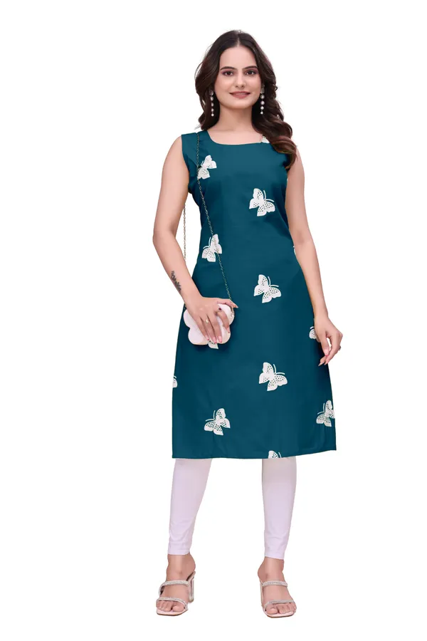 Teal_Cotton_Sleeveless_Butterfly_Embroidered_Kurti_For_Women