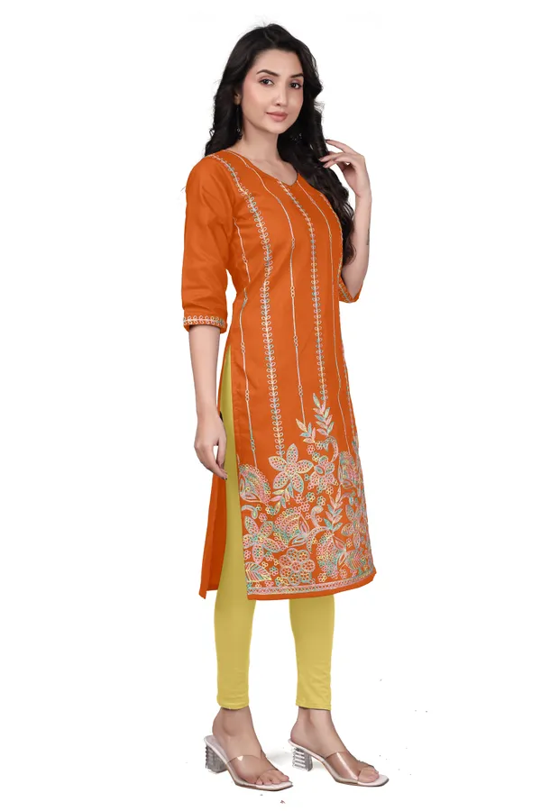 Orange_Cotton_Straight_Embroidered_Kurta_For_Women