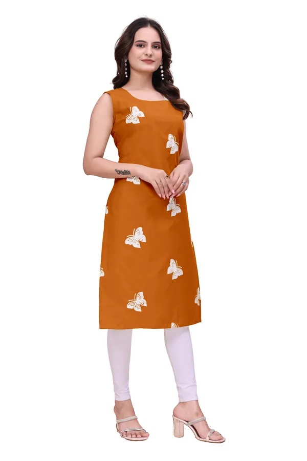 Orange_Cotton_Sleeveless_Butterfly_Embroidered_Kurti_For_Women