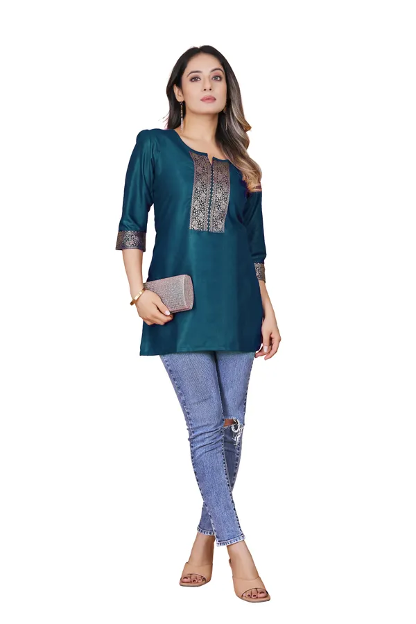 Teal_Silk_Straight_Embroidered_Yoke_Tunic_For_Women