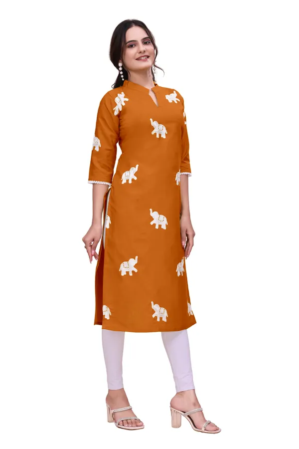 Orange_Cotton_Straight_Elephant_Print_Kurta_For_Women