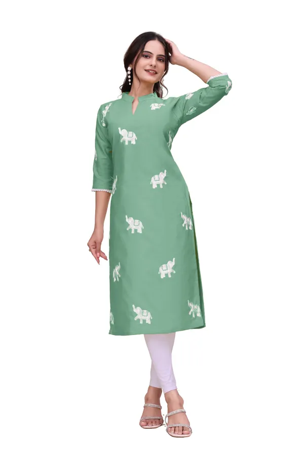 Green_Cotton_Relaxed_Elephant_Print_Kurta_For_Women