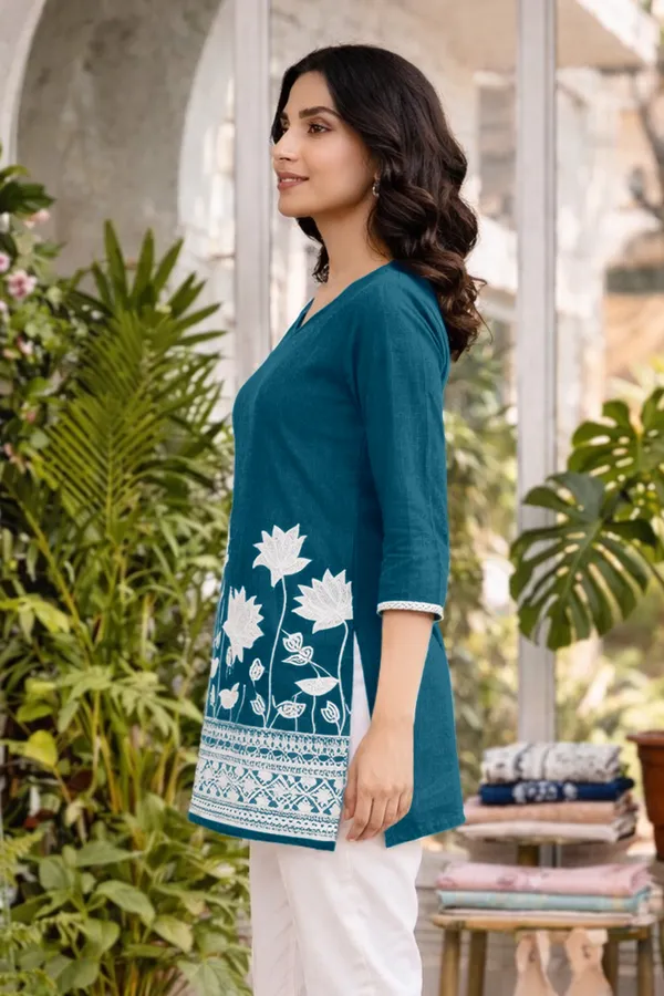 Teal_Blue_Cotton_Straight_Fit_Floral_Embroidered_Kurti_For_Women