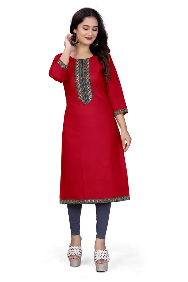 Red_Rayon_Straight_Embroidered_Kurta_For_Women