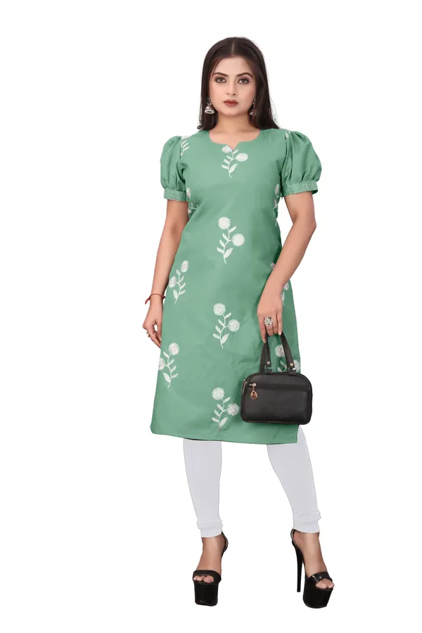 Green_Cotton_Puff_Sleeve_Floral_Embroidered_Kurta_For_Women