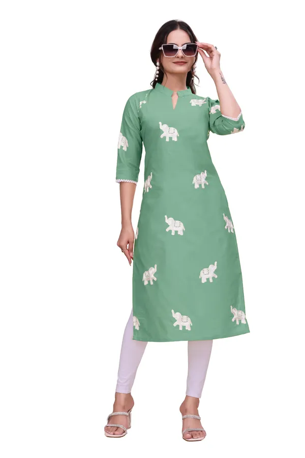 Green_Cotton_Relaxed_Elephant_Print_Kurta_For_Women