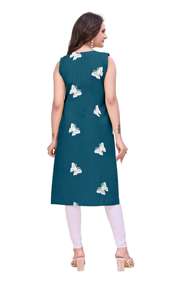 Teal_Cotton_Sleeveless_Butterfly_Embroidered_Kurti_For_Women