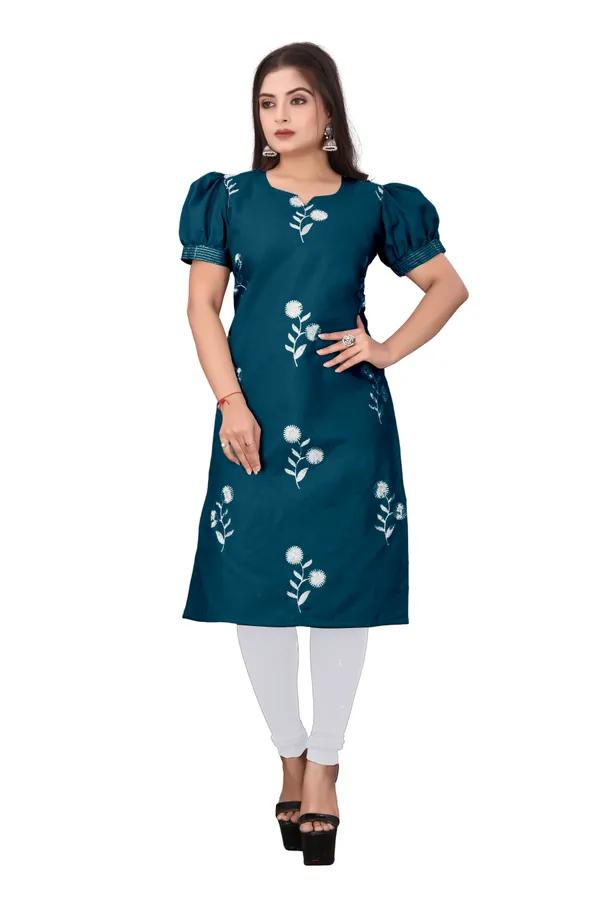 Teal_Cotton_Puff_Sleeve_Floral_Embroidered_Kurti_For_Women
