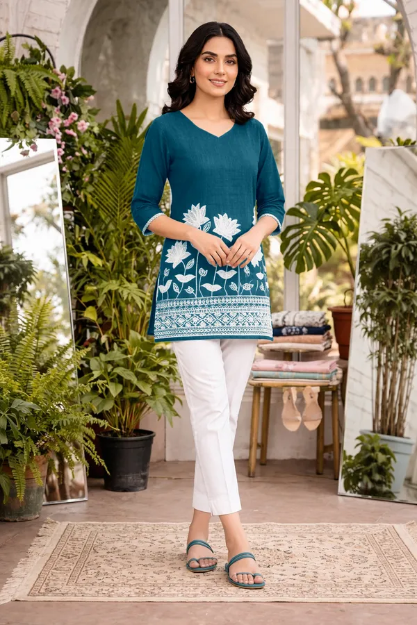 Teal_Blue_Cotton_Straight_Fit_Floral_Embroidered_Kurti_For_Women