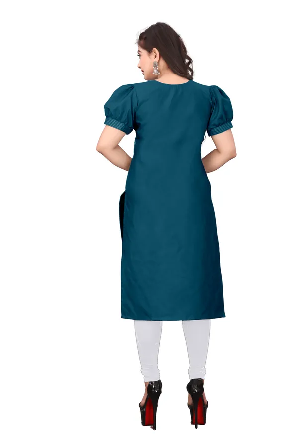 Teal_Cotton_Puff_Sleeve_Floral_Embroidered_Kurti_For_Women