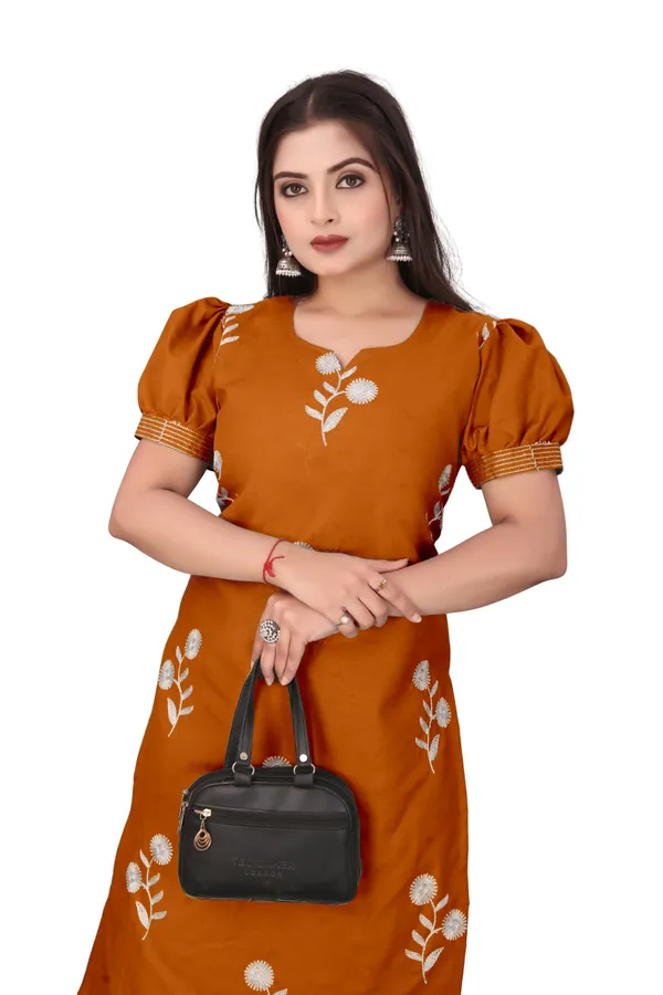 Orange_Cotton_Puff_Sleeve_Floral_Embroidered_Kurti_For_Women