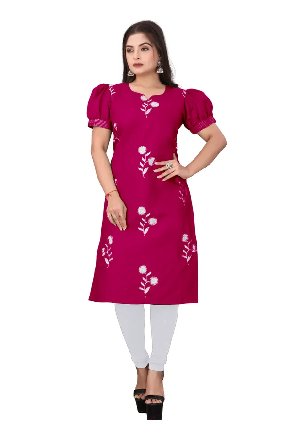 Pink_Cotton_Puff_Sleeve_Floral_Embroidered_Kurta_For_Women