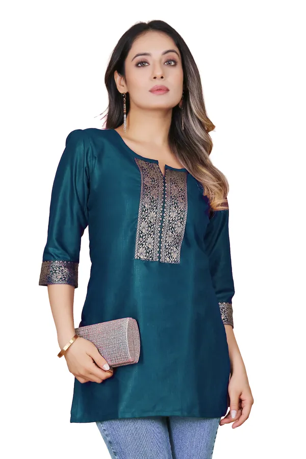 Teal_Silk_Straight_Embroidered_Yoke_Tunic_For_Women