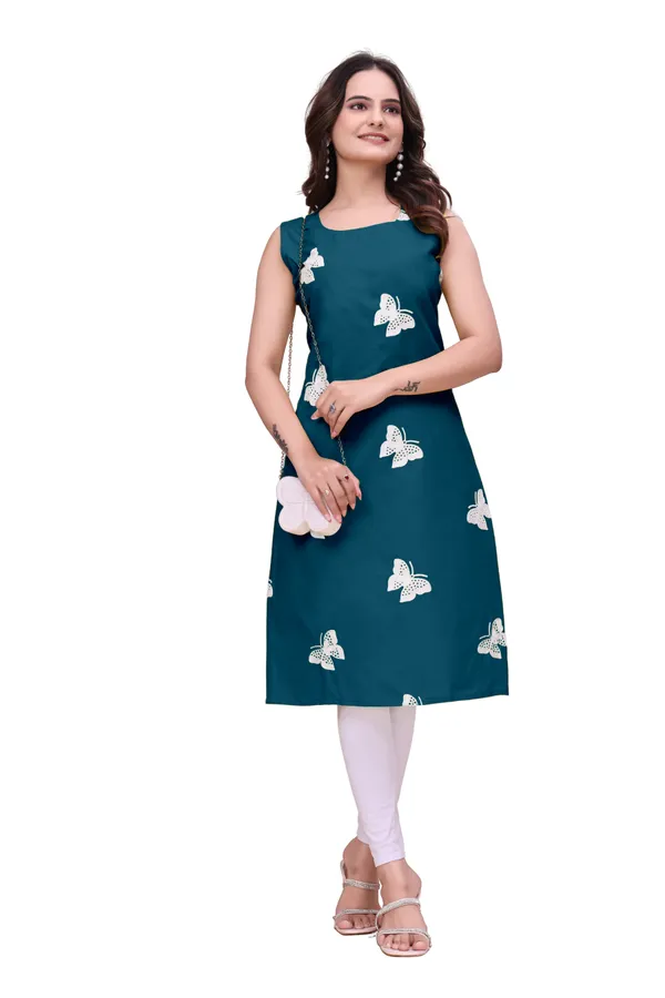 Teal_Cotton_Sleeveless_Butterfly_Embroidered_Kurti_For_Women