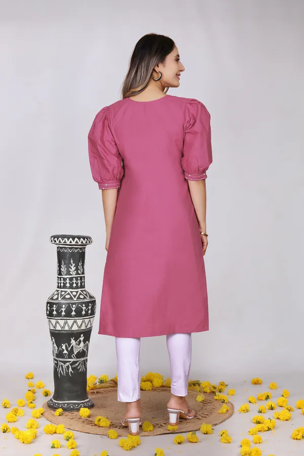 Pink_Cotton_Puff_Sleeve_Embroidered_Straight_Kurti_For_Women