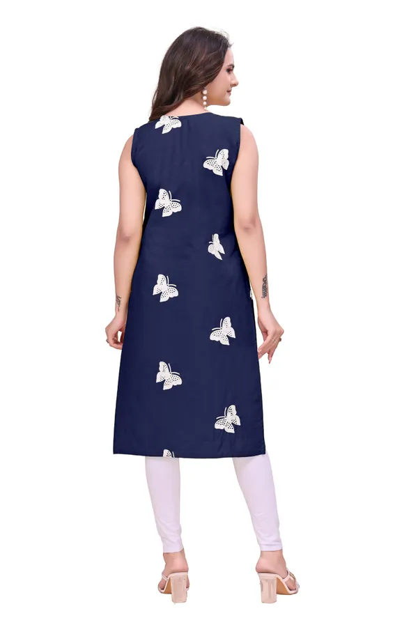 Navy_Blue_Cotton_Sleeveless_A-Line_Butterfly_Embellished_Kurti_For_Women