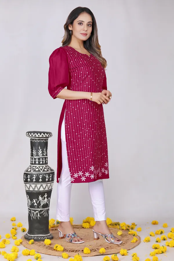 Maroon_Cotton_Straight_Embroidered_Kurta_For_Women