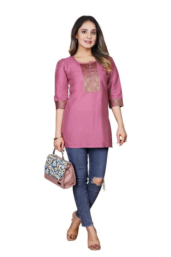 Pink_Cotton_Straight_Brocade_Detail_Short_Kurti_For_Women