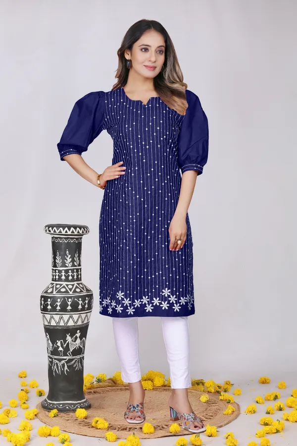 Navy_Blue_Cotton_Balloon_Sleeve_Embroidered_Kurta_For_Women