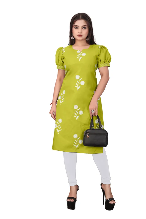 Green_Cotton_Straight_Floral_Embroidered_Puff_Sleeve_Kurti_For_Women