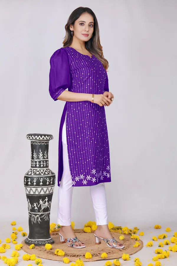 Purple_Cotton_A-Line_Puff_Sleeve_Embroidered_Kurti_For_Women