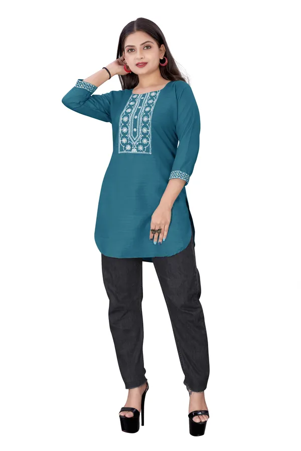 Teal_Blue_Cotton_Straight_Embroidered_Kurti_For_Women