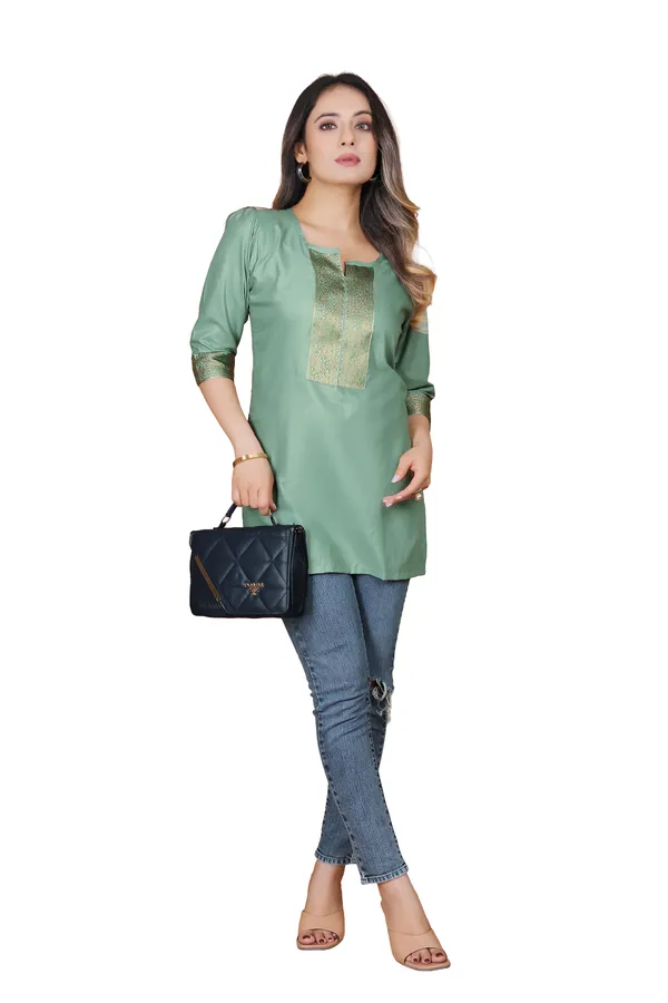 Green_Chanderi_Silk_Short_Brocade_Detail_Kurta_For_Women