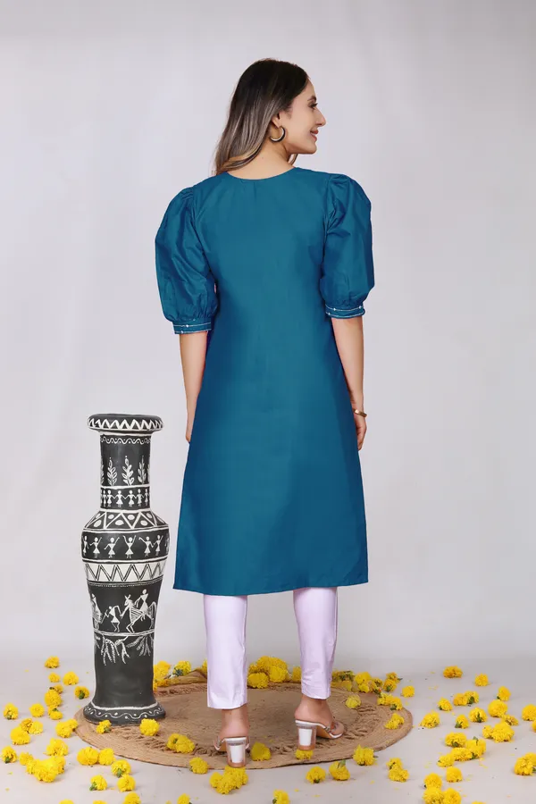 Teal_Blue_Cotton_Striped_Embroidered_Puff_Sleeve_Kurta_For_Women