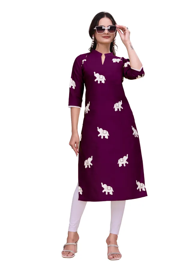 Purple_Rayon_A-Line_Elephant_Print_Kurta_For_Women