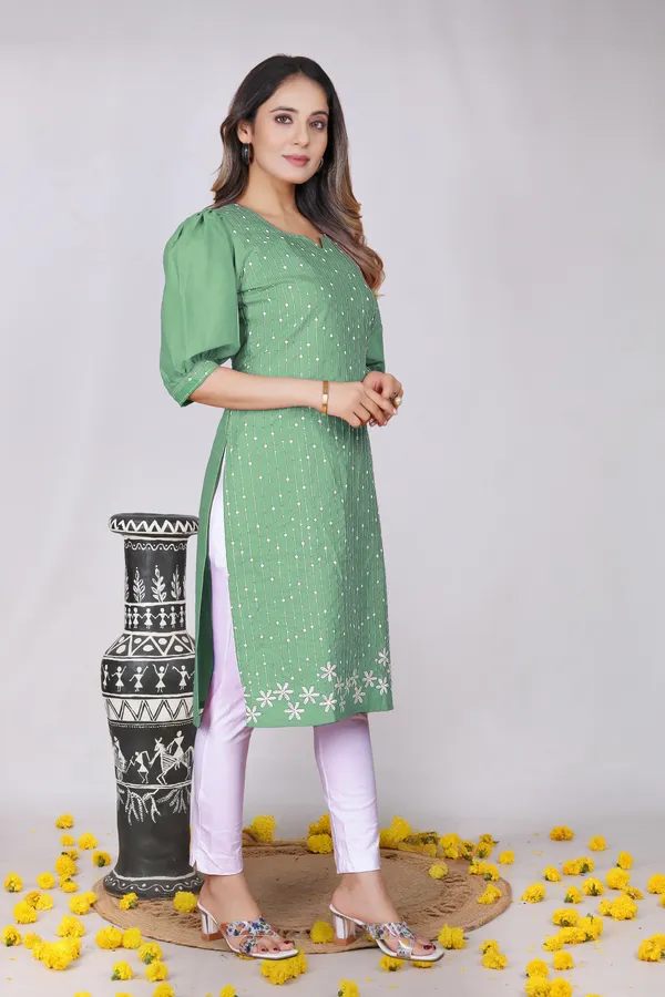 Green_Cotton_Puff_Sleeve_Embroidered_Kurta_For_Women