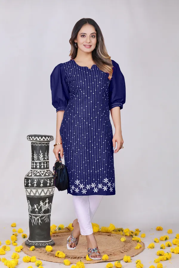 Navy_Blue_Cotton_Balloon_Sleeve_Embroidered_Kurta_For_Women