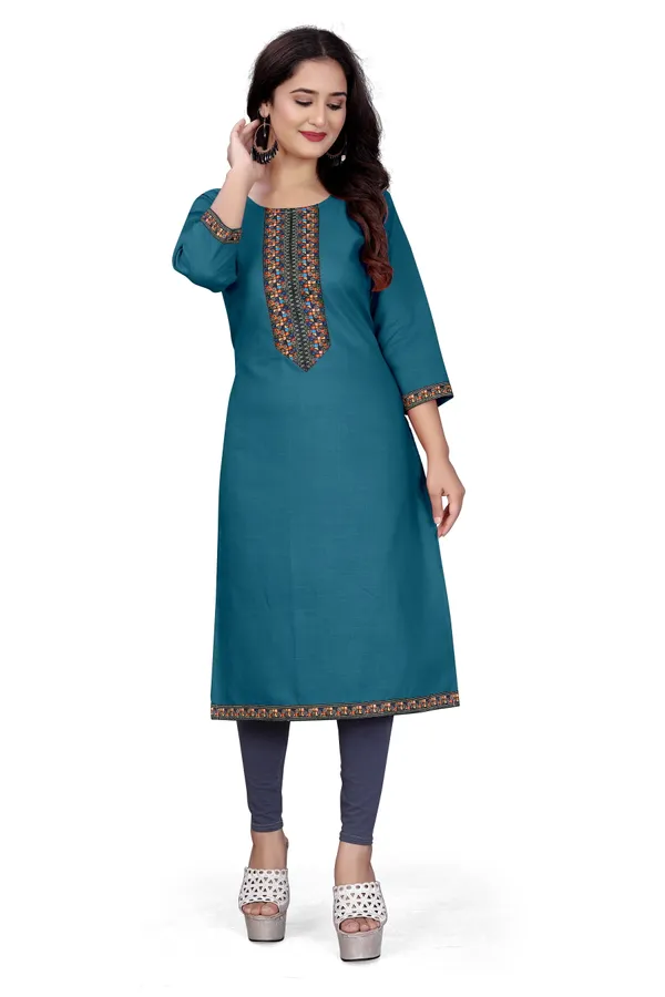 Teal_Blue_Cotton_Straight_Fit_Embroidered_Kurti_For_Women